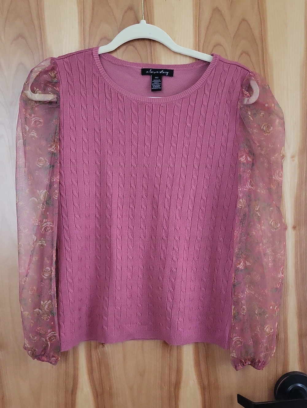Rose Pink Cable Knit Sweater with Floral Organza Puff Sleeves